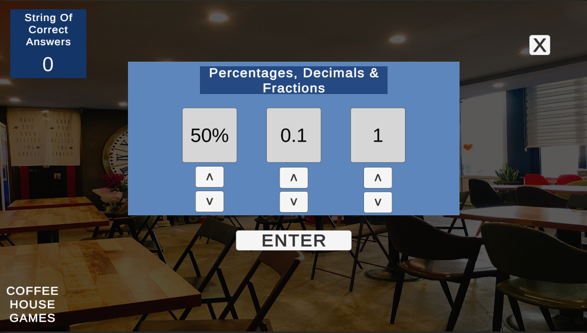 Coffeehouse Games percentages decimals fractions quiz