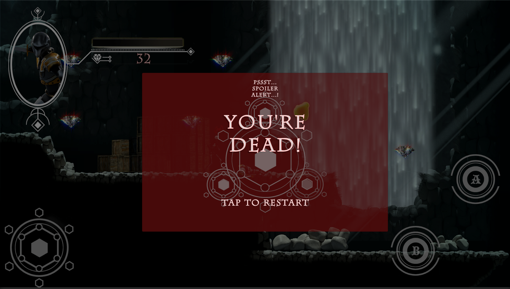 2D Mobile Adventure game over screen